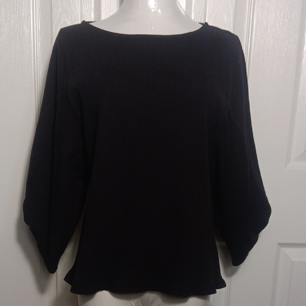 Gilli Simple Round Neck Black Ribbed 3/4 Sleeve Top